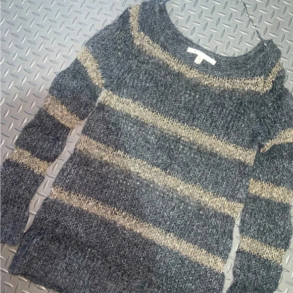 Mesh Lauren Conrad sweater fall knit winter light weight striped boho grey /tan - Picture 2 of 4